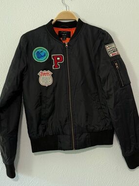 Iris Los Angles Black Flight Bomber Jacket w/ Patches, M